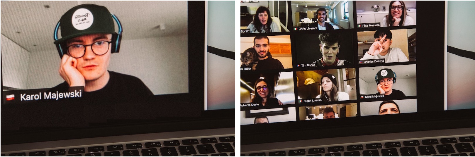 The same video conference in focus (left) and tiled (right) mode showing the difference in head size.